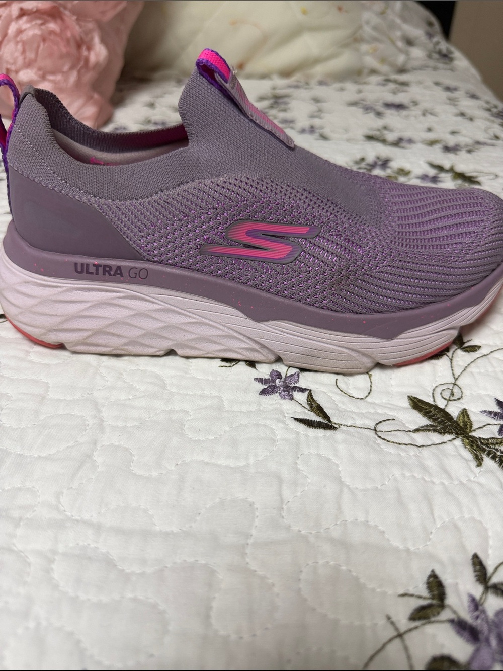 Skechers Slip-On Ultra Go Knit Walking Shoe - Lavender with Pink Accents
